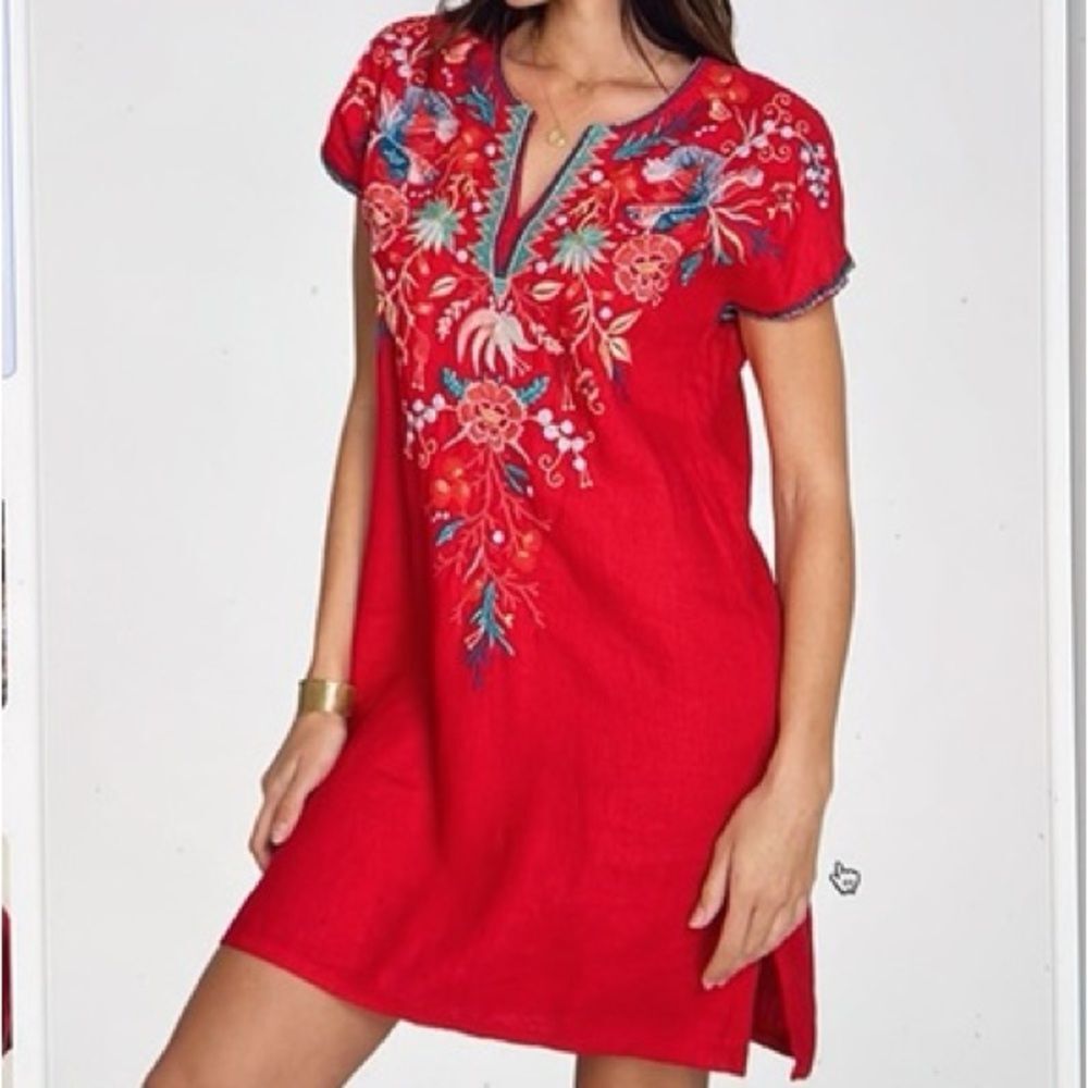 Johnny Was Red Embroidered Mini Dress